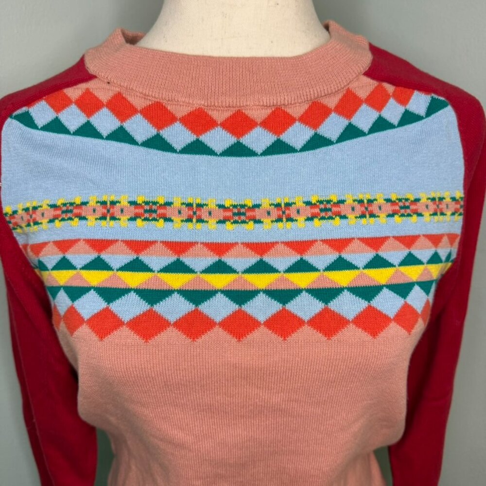 OXKnit Jacquard Fair Isle Yoke Sweater Vintage style Pink Red 100% Cotton Sz M - Picture 7 of 13